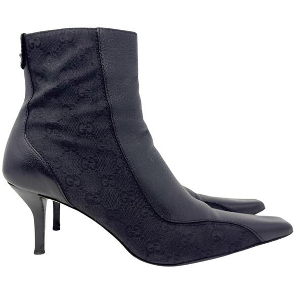 Gucci‎ Boots GG Logo Monogram Supreme Black Leather Canvas Ankle Boots Heels 9.5 - Picture 5 of 11